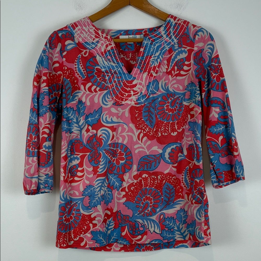 Boden Women’s 6 V-Neck Tunic Red Pink Lightweight Cotton Floral 3/4 Sleeve